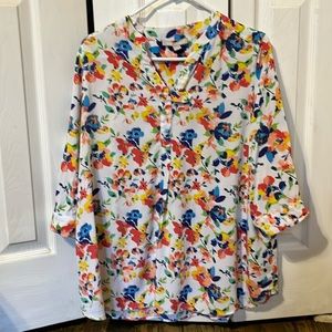Woman Within blouse 14/16 L, white, blue, orange, yellow. Used.